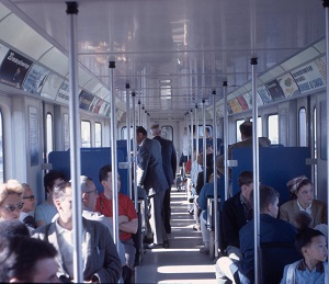 Expo Express train looking toward rear of car