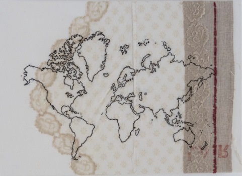 Cristina Volpi  Mappa nr. 2 2015 planisfero cucito su tessuti intelati 50x70 cm