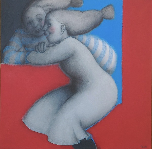 Marta Czok - Chatting girls - acrilico e grafite su tela cm 50x50