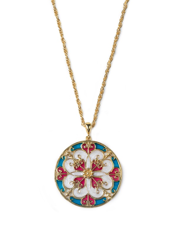 BALCONI DI SICILIA  COLLANA E CIONDOLO rosone tondo bianco azzurro e viola 2  argento 925 placcato oro e smalti