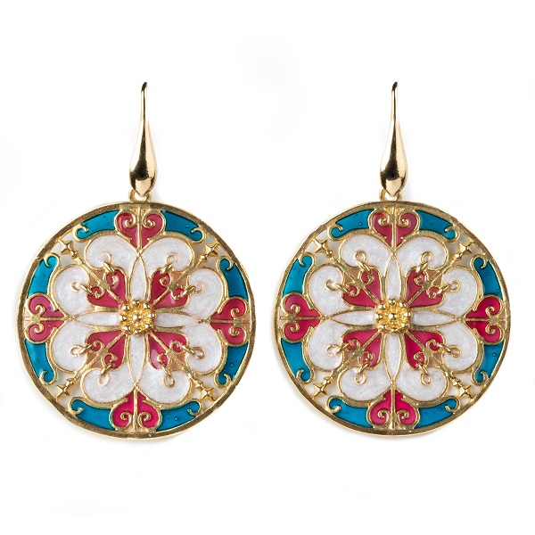 BALCONI DI SICILIA  ORECCHINI rosone tondo bianco azzurro e viola 2  argento 925 placcato oro e smalti