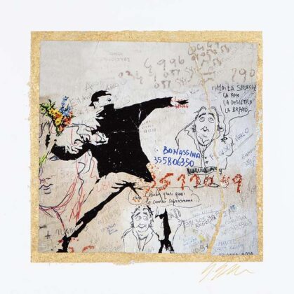 Grittini Giuliano Banksy Thrower Tecnica Mista Su Carta 22x22cm ( Mg 0248) 2019 300dpi