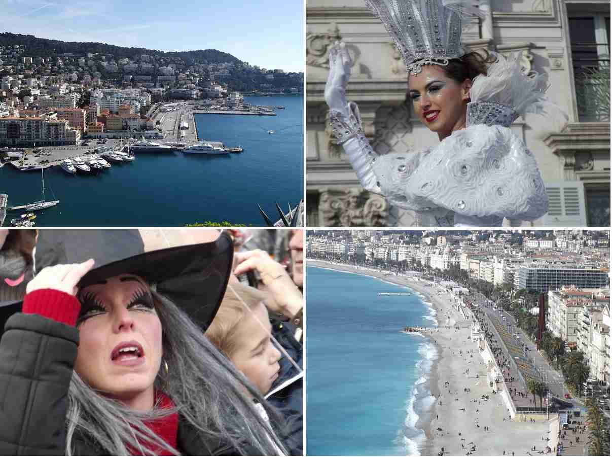 Nizza. Da sinistra: il porto, Fanny la regina del Carnevale, la spaggia, una turista alla battaglia dei fiori Nizza il porto, Fanny la regina del Carnevale, la spaggia, una turista alla battaglia dei fiori