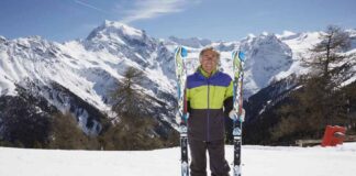 Gustav Thöni a Trafoi sullo sfondo Ortles e Stelvio