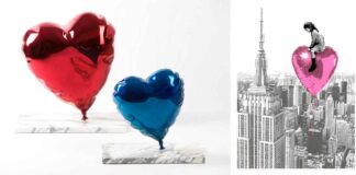 Mr. Brainwash - left: Balloon heart chrome-painted polished bronze on marble base - 41.3x 40.6x25.4 cm; right: -Big City Big dreams Pink- 57x76cm