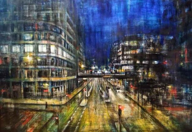 Mariarosaria Stigliano FINESTRA SULLA NOTTE, olio, pigmenti e smalti su tela, 90x133cm, 2020
