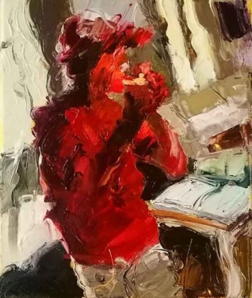 Mario Ferrante, Autoritratto in rosso, con toscanello, 2020, olio su tela cm 30x25