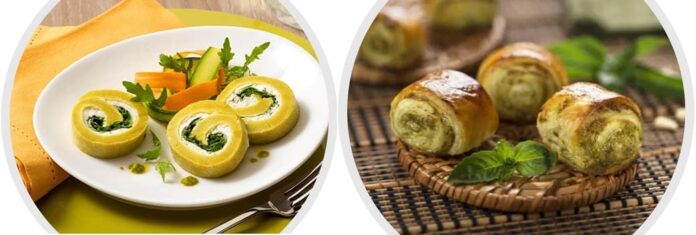 Sfogliatine al pesto, rotolo di frittata al pesto caprino e rucola