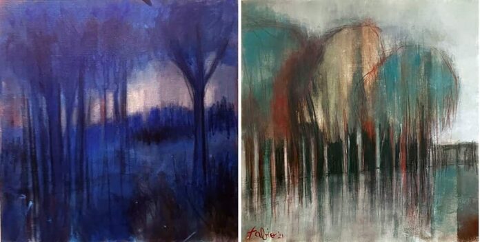 Gli alberi blu. A destra: Paesaggio urbano di autunno | 40x40cm Gli alberi blu Paesaggio urbano di autunno 40x40cm min
