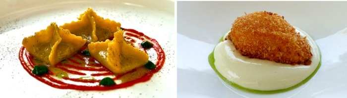 raviolo con melanzane maggiorana peperone liquido