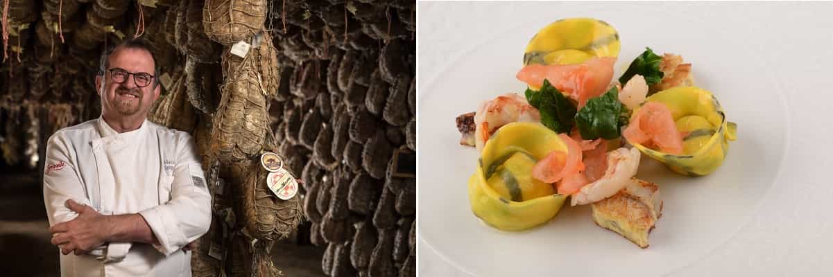 Massimo Spigaroli e la cantina dei culatelli; a dx: I raviolotti di cappone con tocchetti di anguilla, gambero di fiume e carpaccio di pomodoro cuore di bue Massimo Spigaroli e la cantina dei culatelli