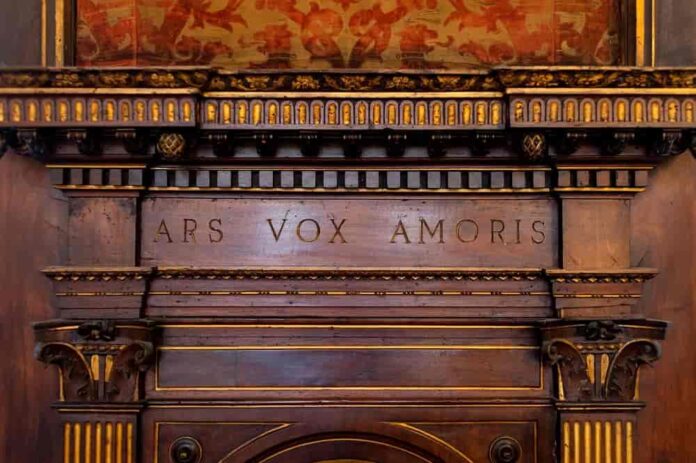 Ars Vox Amoris, inciso nelle pareti lignee del Salone d'Onore Ars Vox Amoris, inciso nelle pareti lignee del Salone d'Onore