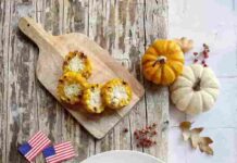 Thanksgiving all’italiana ,per celebrare il giorno del Ringraziamento, festa nazionale degli Stati Uniti Pancake di zucca con petto di tacchino, castagne e radicchio