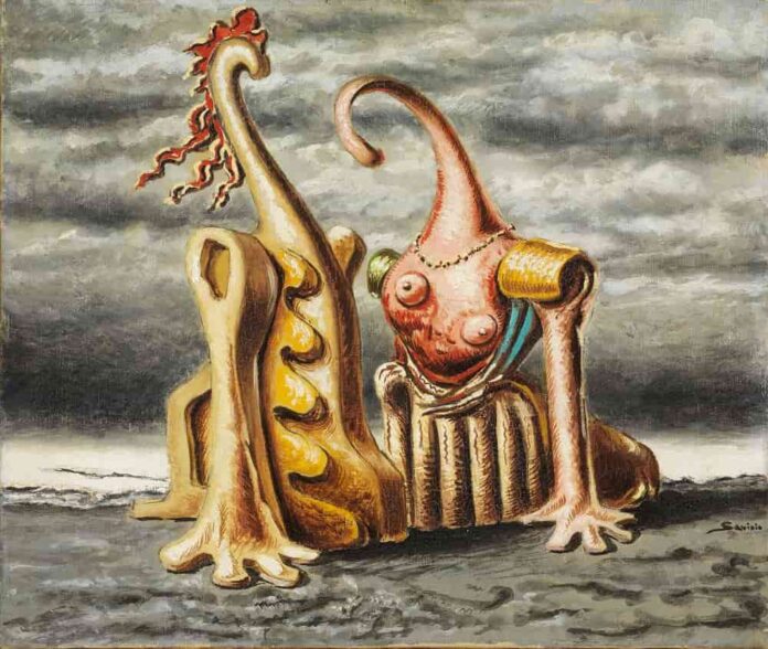 Savinio, Idillio marino 1944 - -tempera su tela, cm 51,8 x 61 Savinio, Idillio marino 1944