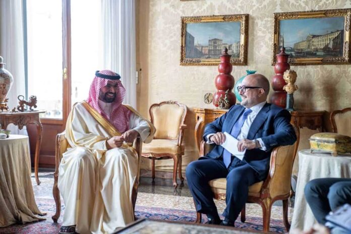 Sua Altezza il Principe Bader bin Abdullah bin Farhan AlSaud con Gennaro Sangiuliano Visita Ufficiale a Venezia Ministro Cultura Saudita