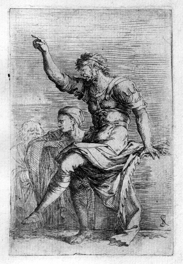 salvator rosa Soldato seduto su ripiano e due figure