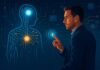 Uomo che interagisce con un’interfaccia AI personale avanzata, rappresentazione visiva della collaborazione tra esseri umani e agenti intelligenti in un ambiente digitale futuristico
