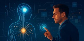 Uomo che interagisce con un’interfaccia AI personale avanzata, rappresentazione visiva della collaborazione tra esseri umani e agenti intelligenti in un ambiente digitale futuristico