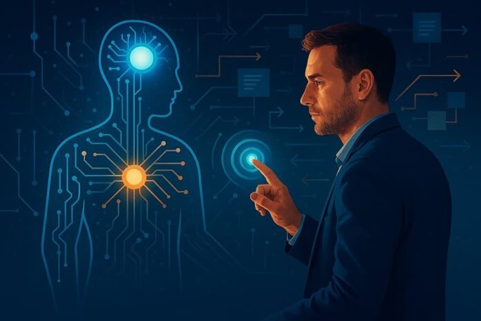 Collaborazione tra uomo e agenti intelligenti in ambiente digitale Uomo che interagisce con un’interfaccia AI personale avanzata, rappresentazione visiva della collaborazione tra esseri umani e agenti intelligenti in un ambiente digitale futuristico