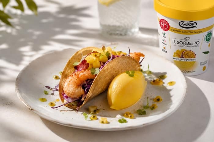 Taco di Gamberi Croccanti con Sorbetto Mango & Passion_con packaging