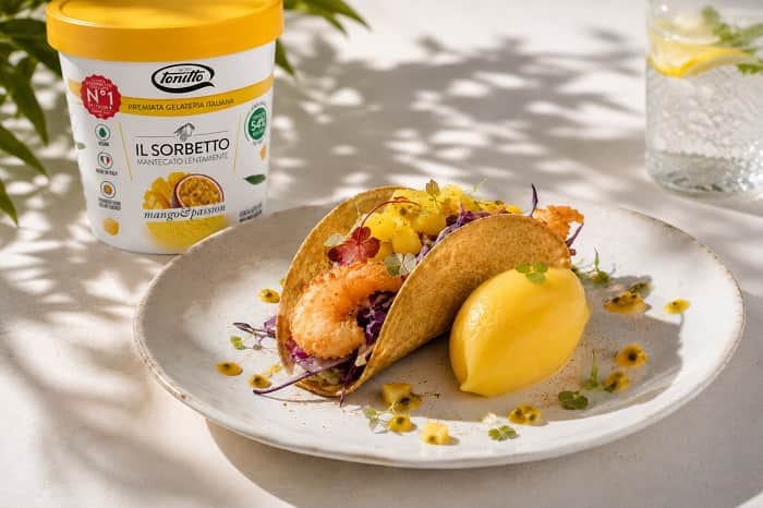 aco di Gamberi Croccanti con Sorbetto Mango & Passion_con packaging_